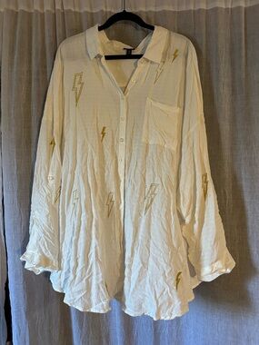 torrid White Button-Down Shirt with Gold Lightning Embroidery